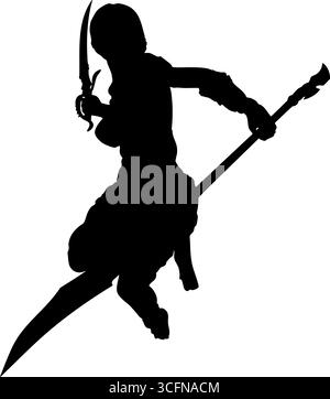 Immagine della silhouette di una guerriera che tiene in mano due armi in posa dinamica. Forte, audace e perfetto per la fantasia, la battaglia, il gioco o il combattimento Illustrazione Vettoriale