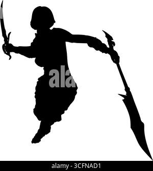 Immagine della silhouette di una guerriera che tiene in mano due armi in posa dinamica. Forte, audace e perfetto per la fantasia, la battaglia, il gioco o il combattimento Illustrazione Vettoriale
