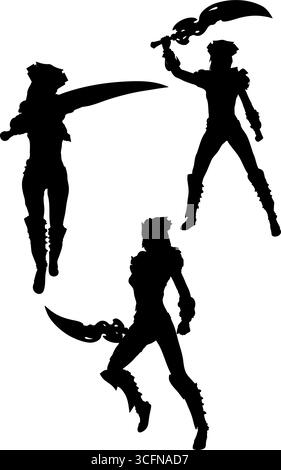 Illustrazione di una forte silhouette di guerriera fantasy femminile in posa dinamica. Possiede una grande lama curva e indossa un'armatura a punta, ideale per il combattimento o. Illustrazione Vettoriale