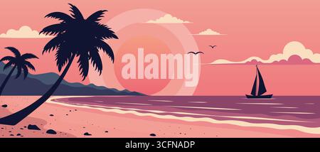 Spiaggia tropicale al tramonto con palme, onde calme dell'oceano, montagne lontane e una barca a vela all'orizzonte. Perfetto per viaggi, estate, vacanze Illustrazione Vettoriale