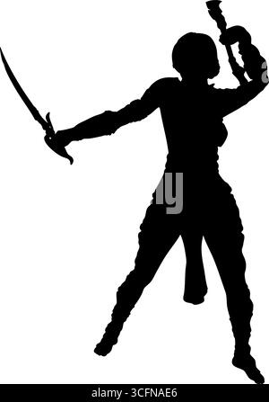 Immagine della silhouette di una guerriera che tiene in mano due armi in posa dinamica. Forte, audace e perfetto per la fantasia, la battaglia, il gioco o il combattimento Illustrazione Vettoriale