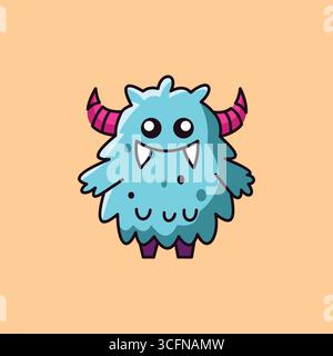 Carino Blue Monster Cartoon Vector in blu, bianco, nero, viola intenso e rosso neon su morbido sfondo arancione Illustrazione Vettoriale