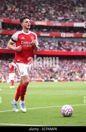 Londra, Regno Unito. 23 agosto 2025. Declan Rice (A) alla partita Arsenal vs Leeds United EPL, all'Emirates Stadium di Londra, Regno Unito il 23 agosto 2025. Crediti: Paul Marriott/Alamy Live News Foto Stock