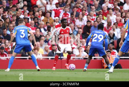 Londra, Regno Unito. 23 agosto 2025. Bukayo Saka (A) alla partita Arsenal vs Leeds United EPL, all'Emirates Stadium di Londra, Regno Unito il 23 agosto 2025. Crediti: Paul Marriott/Alamy Live News Foto Stock