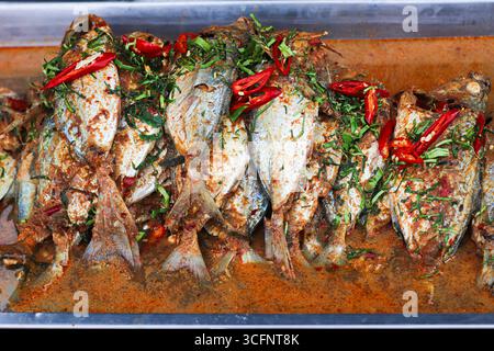 Lo sgombro Chu Chee in salsa piccante al curry rosso con foglie di kaffir lime, un tradizionale cibo di strada tailandese amato sia dalla gente del posto che dai turisti. Foto Stock