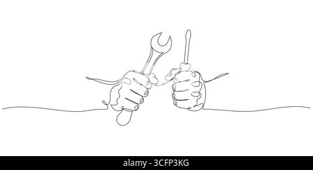 Disegno di un uomo che tiene la chiave e il cacciavite. Riga modificabile. Concetto di utensili meccanici e tuttofare. Illustrazione del vettore di linea continua Illustrazione Vettoriale