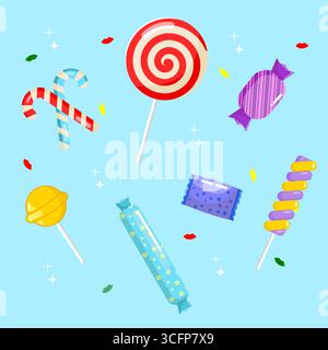 Set di Collection Colorful Wrap Candy and Stick Candy Vector Illustration Cartoon Design Illustrazione Vettoriale