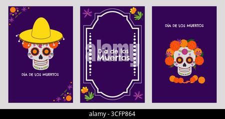 Set di poster "Day of the Dead Mexico". Festa nazionale 16 settembre, Cinco de Mayo. Dia De Los Muertos. Colorati fiori messicani. Biglietto d'auguri per il poster della festa Fiesta. Illustrazione vettoriale Illustrazione Vettoriale