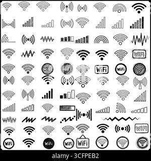 Raccolta di icone di segnale wi-fi disegnate a mano e icone di indicatori di intensità del modello a scarabocchio del segnale Illustrazione Vettoriale