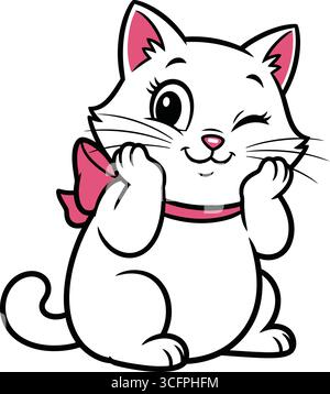 Una divertente illustrazione in stile cartoni animati di un gatto bianco con un fiocco rosa sulla schiena e un colletto rosa coordinato intorno al collo. Il gatto ha grande, espresso Illustrazione Vettoriale