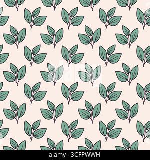 Affascinante motivo senza cuciture con delicate foglie di tè su sfondo blush. Illustrazione Vettoriale