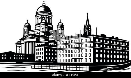 Lo skyline di Helsinki è isolato su sfondo bianco e mostra l'architettura della città e i monumenti in un'illustrazione vettoriale Illustrazione Vettoriale