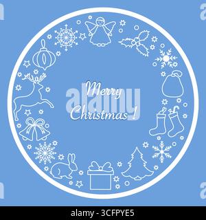 Biglietto d'auguri natalizio con icone natalizie e testo in ordine circolare su sfondo blu vettoriale Illustrazione Vettoriale