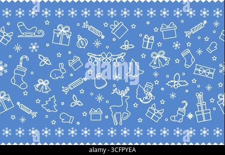 Motivo natalizio con icone bianche delle festività su sfondo blu, ideale per le feste vettoriali Illustrazione Vettoriale