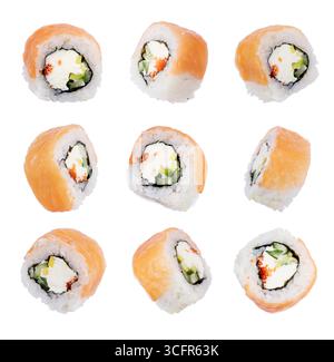 Set di sushi roll isolati su sfondo bianco Foto Stock