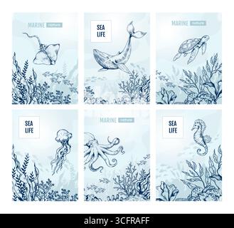 Schizzo del mare. Balena subacquea, coralli e delfini. Alghe botaniche, animali oceanici come polpo retrò, pesci pescati a mano. Stampa estiva blu marino. Design a poster, copertina del menu di pesce. Set isolato vettoriale Illustrazione Vettoriale