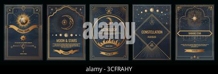 Cornice a stella. Oroscopo magico. Costellazione di Luna e stelle. Ruota esoterica. Modello di progettazione della brochure di previsione del futuro. Carta zodiacale. Bordo dorato con cerchio celeste. Set di banner astronomici vettoriali Illustrazione Vettoriale