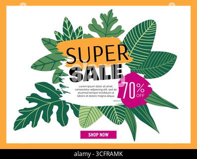 Super offerta. Cornice in foglie tropicali per uno sconto. Offerta speciale per post sui social media. Composizione decorativa botanica verde per la pubblicità dello shopping. Illustrazione isolata del vettore delle foglie della giungla Illustrazione Vettoriale