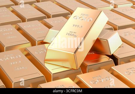 Barre dorate impilate insieme con un lingotto posizionato in un angolo. Rendering 3D. Foto Stock