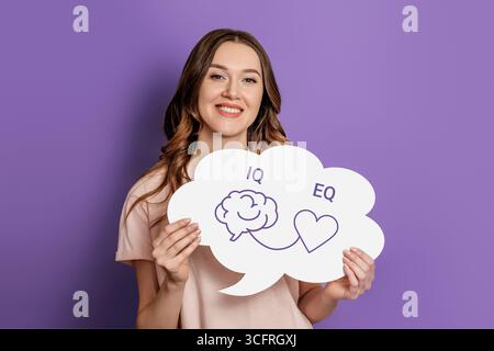 concetto iq eq. ritratto di una ragazza che regge un poster con la mano che disegna un cervello e un cuore. Quoziente di intelligenza IQ e concetto di intelligenza emotiva EQ Foto Stock