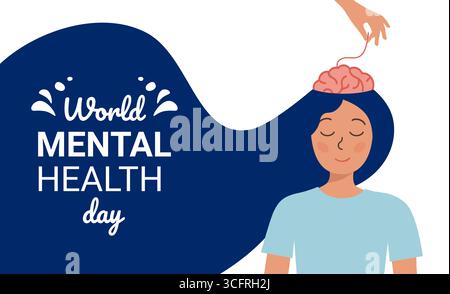 pensieri inquietanti. ritratto di una ragazza con una palla di pensieri aggrovigliata su sfondo verde. giornata mondiale della salute mentale. illustrazione vettoriale. Psicoterapia Illustrazione Vettoriale