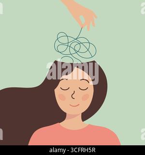 pensieri inquietanti. ritratto di una ragazza con una palla di pensieri aggrovigliata su sfondo verde. giornata mondiale della salute mentale. illustrazione vettoriale. Psicoterapia Illustrazione Vettoriale