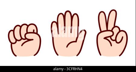 Rock Paper Scissors, icone dei gesti dei doodle disegnati a mano. Simpatica illustrazione vettoriale in stile cartoni animati. Illustrazione Vettoriale