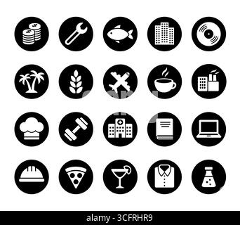 Grande set di attività e professioni. Industria e servizi, cibo e produzione. Icone vettoriali a colori brillanti per cartoni animati piatti. Illustrazione Vettoriale