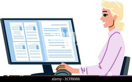 Responsabile delle risorse umane che sfoglia i profili dei candidati sullo schermo del computer Illustrazione Vettoriale