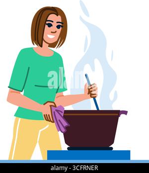 Donna che cucina il cibo in una pentola sul piano cottura e tiene un panno Illustrazione Vettoriale