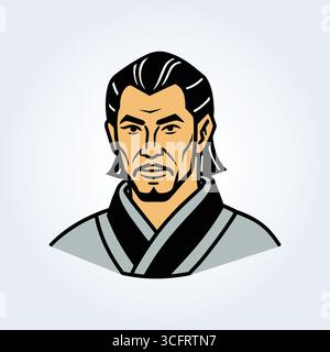 Un'illustrazione del personaggio di un samurai con una tuta blu Illustrazione Vettoriale
