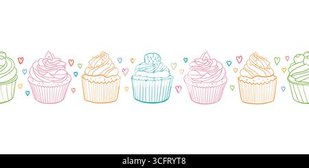Graziosi cupcake disegnati a mano con motivo vettoriale senza cuciture, dolce sfondo a bordo con torte e cuori, ideali per tessuti, striscioni, carte da parati e avvolgimenti Illustrazione Vettoriale