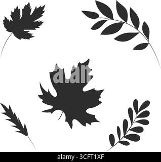 Illustrazione vettoriale di foglie e rami autunnali neri su sfondo bianco. Ombra, contorno. Disegnato a mano. Monocromatico Illustrazione Vettoriale