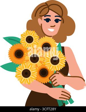 Donna che tiene in mano un mazzo di girasoli sorridente dolcemente Illustrazione Vettoriale