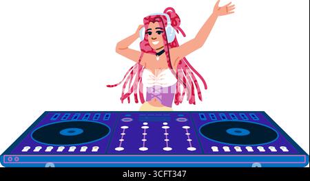 dj femminile che suona musica su console mixer con cuffie Illustrazione Vettoriale