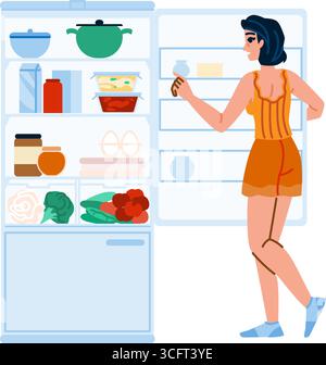 Donna in cerca di cibo in un frigorifero pieno di generi alimentari Illustrazione Vettoriale