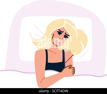 Donna malata che controlla la febbre con un termometro a letto Illustrazione Vettoriale