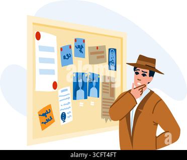 Detective che indaga sul crimine, esamina indizi sulla bacheca Illustrazione Vettoriale