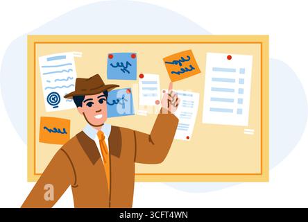 Detective che collega indizi sulla bacheca delle prove, risolvendo il mistero del crimine Illustrazione Vettoriale