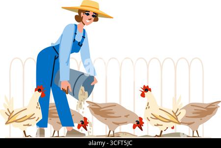 Donna contadina che dà da mangiare ai polli in una cooperativa di pollo nell'azienda agricola Illustrazione Vettoriale