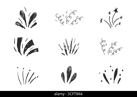 Fuochi d'artificio scoppiano l'esplosione di un manga comico. Doodle disegnato a mano per festeggiare la scintilla. Set minimo giappone radiale. Illustrazione vettoriale Illustrazione Vettoriale