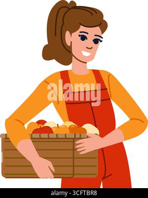 Donna contadina che tiene in mano una scatola di legno piena di mele Illustrazione Vettoriale