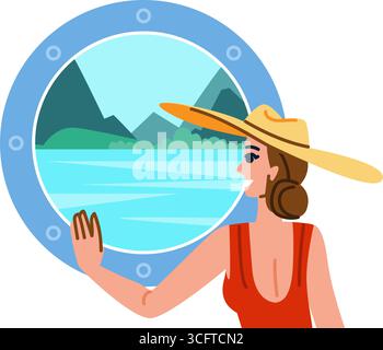 I turisti godono della vista del lago dalla finestra della barca durante le vacanze estive Illustrazione Vettoriale