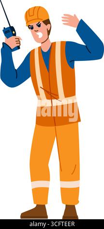 Un operaio edile arrabbiato grida al walkie talkie, un caposquadra frustrato che comunica in loco Illustrazione Vettoriale