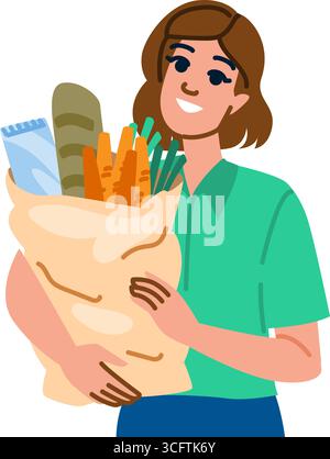 Donna sorridente che tiene in mano una borsa della spesa con pane e verdure Illustrazione Vettoriale