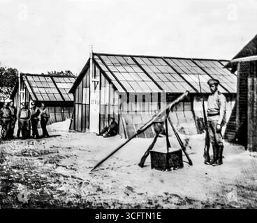 Campo di addestramento Mailly-le-Grand, Francia, 1916. Una guardia russa controlla la bandiera del reggimento accanto alle caserme temporanee durante la prima guerra mondiale. La fotografia riflette la vita quotidiana delle truppe di spedizione russe di stanza in Francia. Pubblicato su l’Illustration, 29 aprile 1916 Foto Stock
