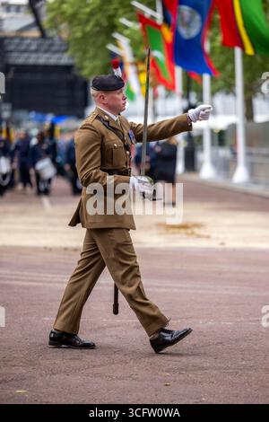 Lunedì 5 maggio 2025 migliaia di persone si sono riunite per celebrare il 80° anniversario della fine della seconda guerra mondiale in Europa. Una parata commemorativa viaggiò dal Parlamento, lungo Whitehall, e lungo il Mall fino a Buckingham Palace. Foto Stock