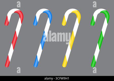 Icone di canna da zucchero. Simbolo del dessert di Natale. Emblema lecca lecca menta piperita. Design piatto vettoriale. Illustrazione Vettoriale