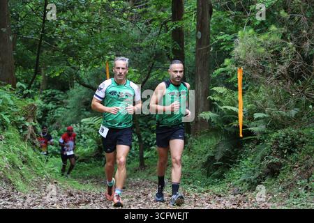 Partecipanti che corrono attraverso una foresta durante la gara di resistenza Backyard Ultra nelle Azzorre, in Portogallo. Foto Stock