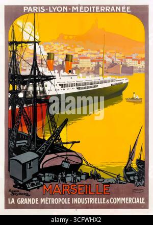 Uno splendido poster di viaggio vintage del 1920 per Marsiglia in Francia Foto Stock